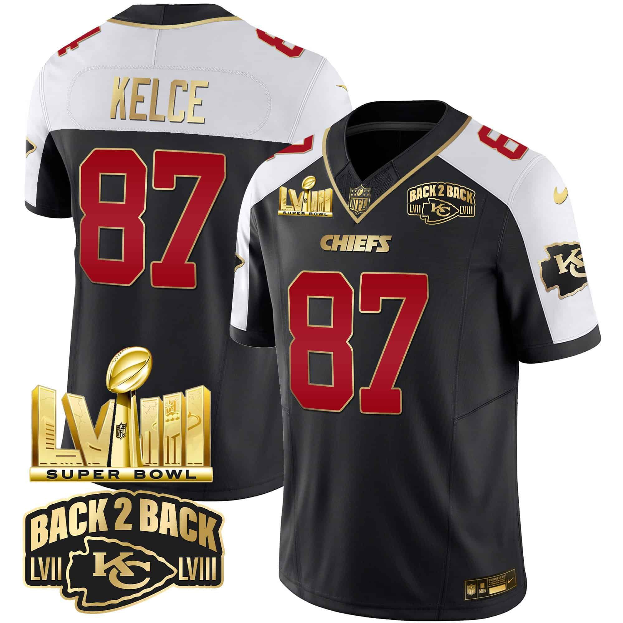 Men Kansas City Chiefs 87 Kelce Black 2024 Nike Super Bowl LVIII & Back 2 Back Gold Patch Vapor NFL Jersey